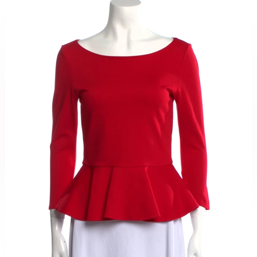 Alice + Olivia Women Red Peplum Blouse, Size Large, Poppy Red Zip Back Stretch